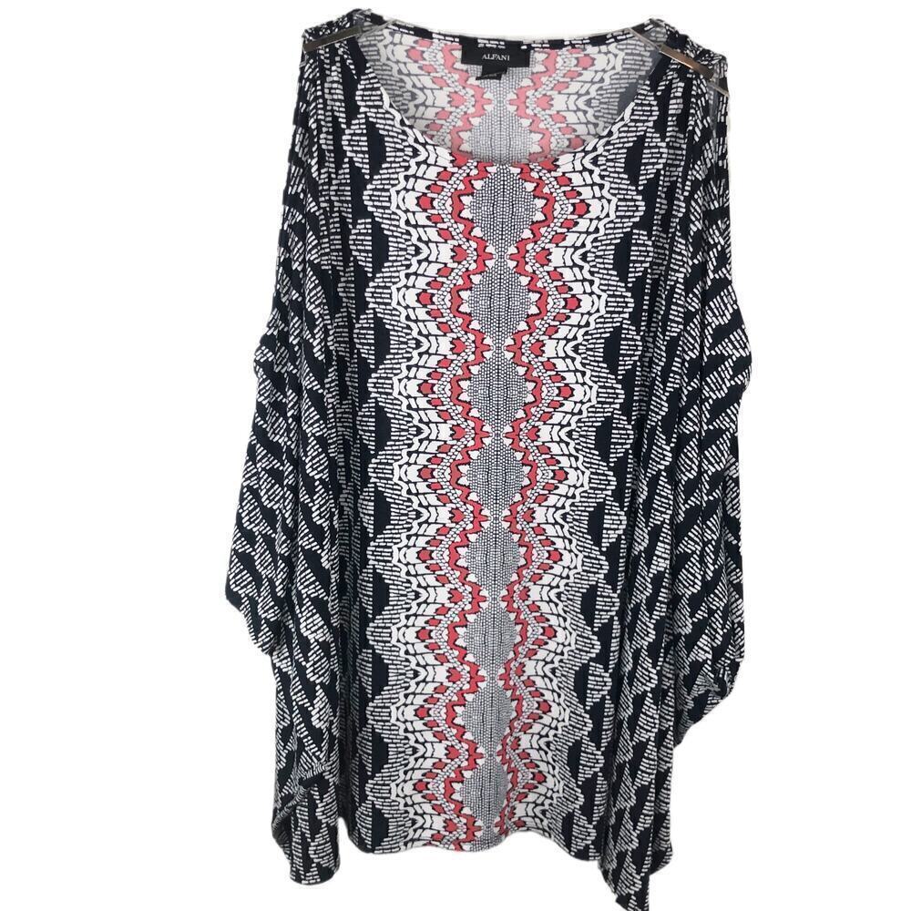 Alfani Women's Cold Shoulder Dolman Sleeves  Red White & Blue Blouse Tunic Sz M‎